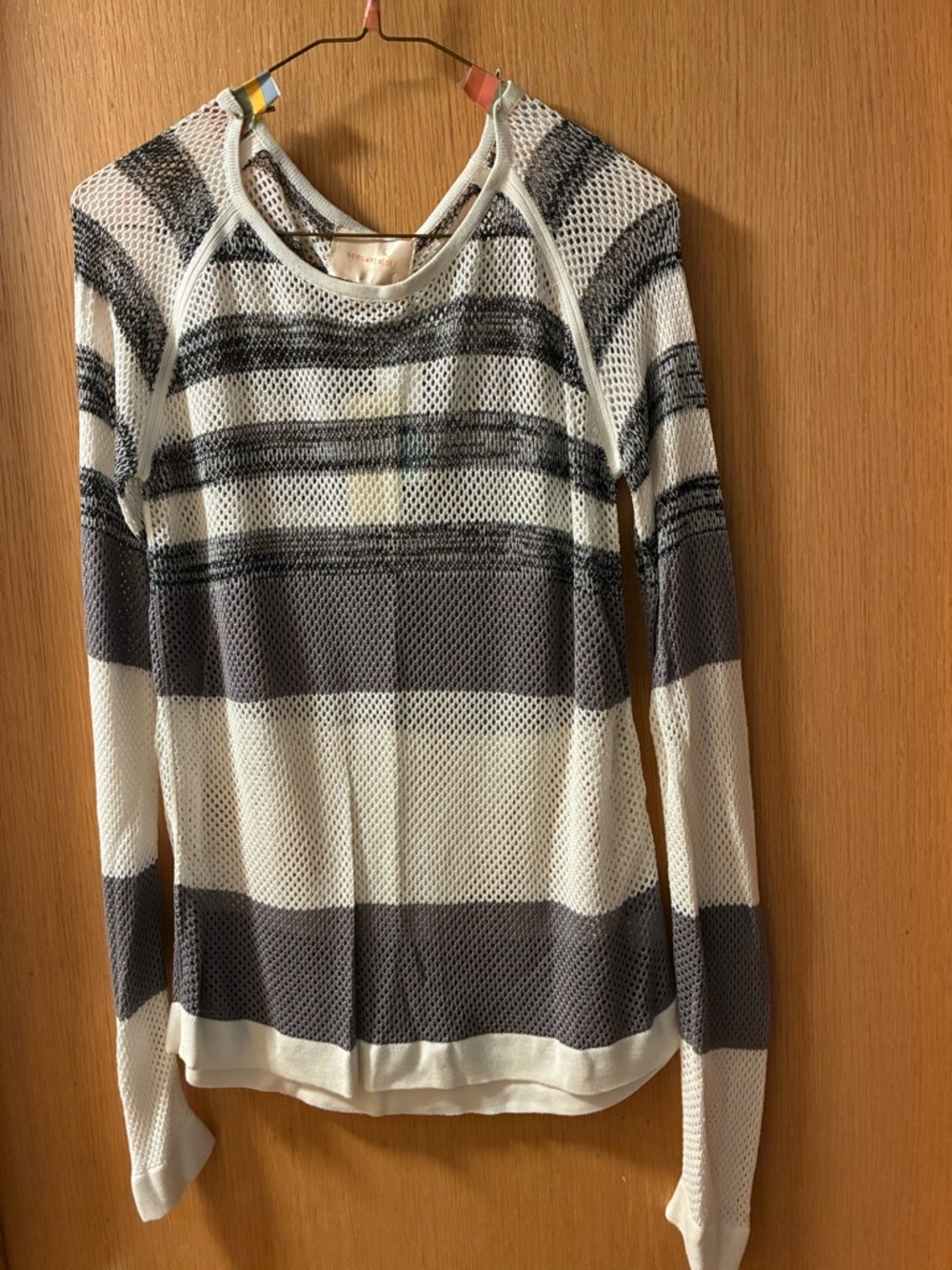 Skies Are Blue White and Gray Striped Long Sleeve Mesh Top